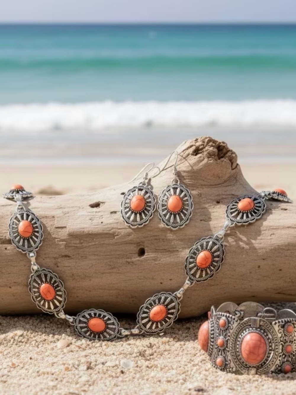 Silver-Tone Coral Oval Concho Necklace Set - Women Jewelry